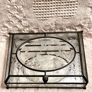 Vtg Etched Glass, Brass, Mirror Jewelry Box Footed w Flowers & Hummingbirds